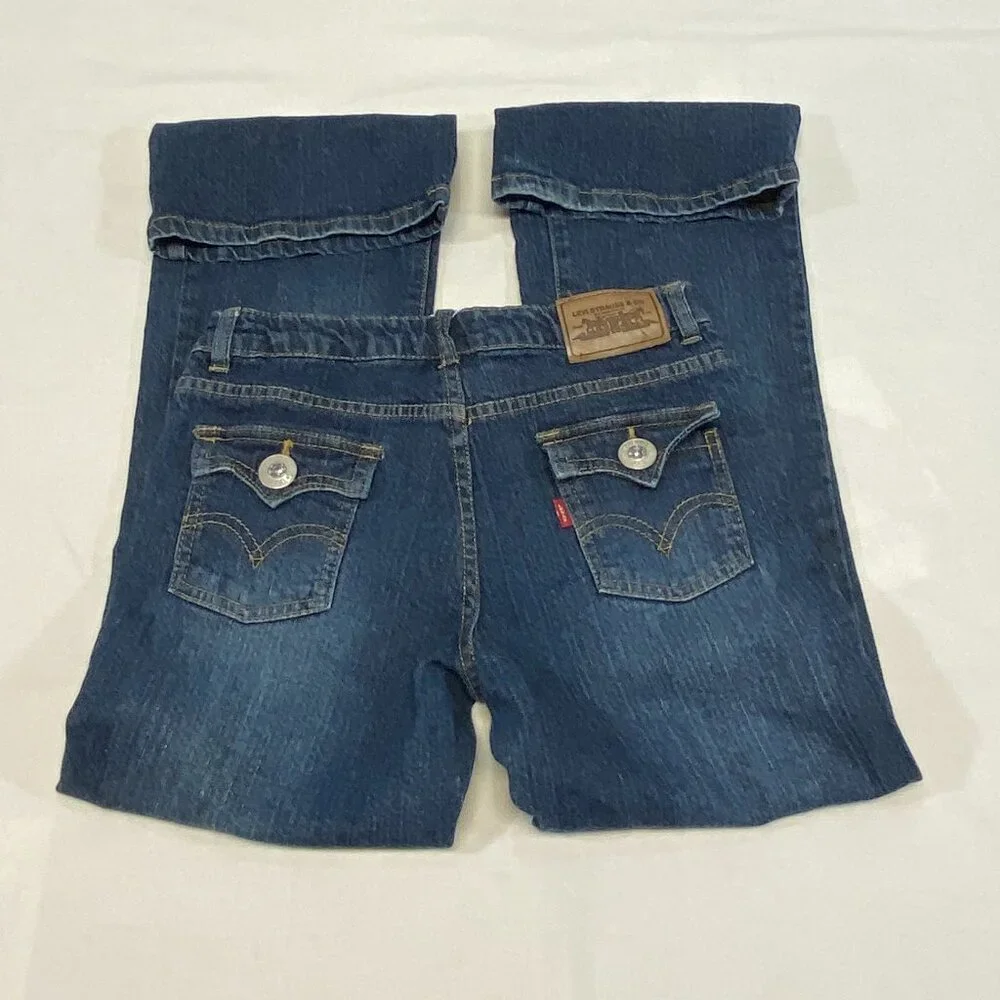Levi's Low Rise Flared Jeweled Adjustable Waist Denim Jeans Medium Wash 14 Girl - Picture 9 of 14